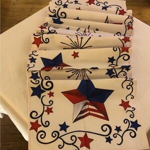 Leokoti Table Runner; 70”x13”; Star Pattern; NWOT; Red White and Blue; Americana